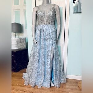 Size 14 Ice Blue Baby Light Gown Prom Dress Pageant Silver Sparkles Slit Straps